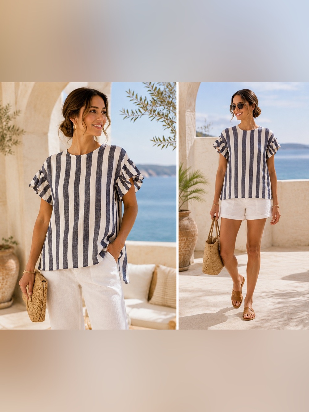 Whispers New York Blue White Striped 100% Linen Ruffle Sleeve Top Wome M Coastal